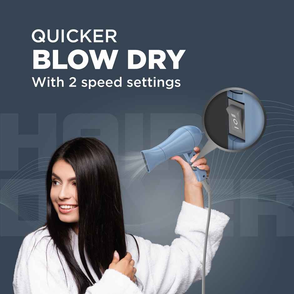 Havells 1000W Foldable Hair Dryer; 2 Heat Settings (Hot/Warm), Heat Balance Tech, Hd1835, Blue