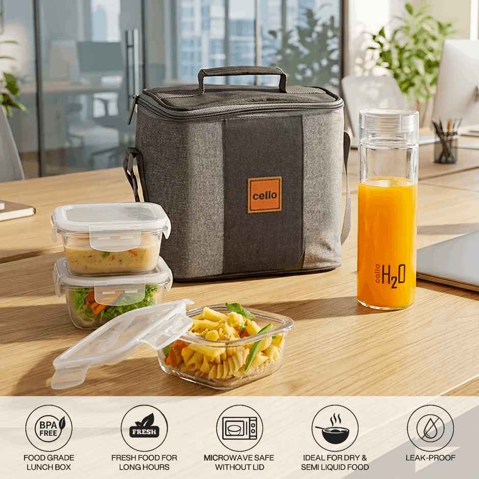 Cello Glassy Square Bottle Lunch Box | Borosilicate Glass | 3 x 320ml and 500 ml | Clear