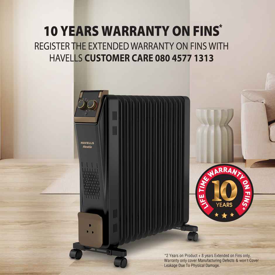 Havells 13-Fin Oil Filled Room Heater (OFR) | U-Tech Fast Heating Fins | Black