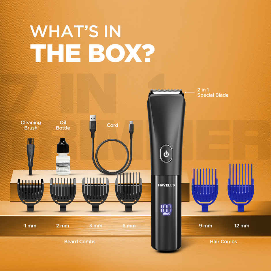 Havells Beard & Hair 7 in 1 Trimmer | 2-in-1 Special Blade | Real Time Digital Display | BT6661