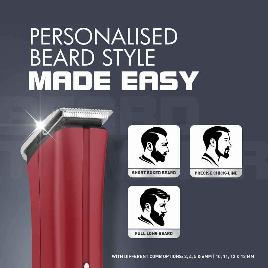 Havells Bt6111 Beard Trimmer, Ss Blade 90Mins Runtime Upto 13Mm Setting, Battery Operated, Red