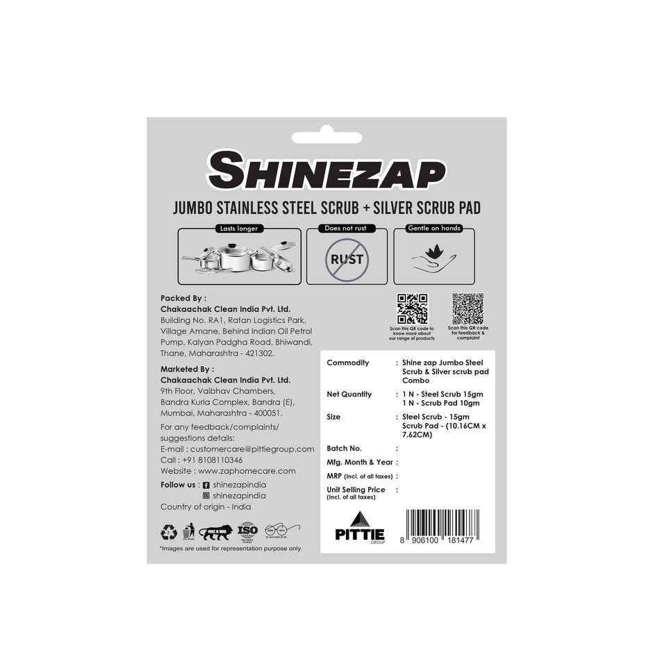Shinezap 1 Stainless Steel Scrubber (15g) and 1 Scrub pad Combo