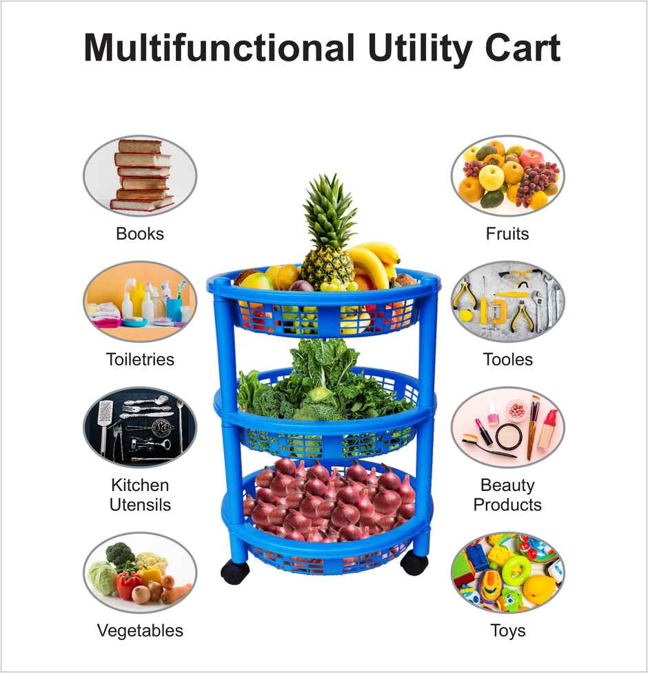 Princeware Maria Round Kitchen Trolley With Wheels 3 Rack- Blue