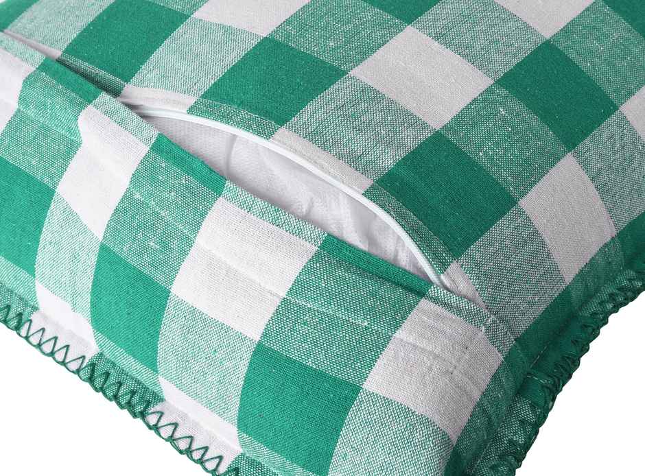 Lushomes Cotton Cushion Covers - Green White Checks | Blanket Stitch | 20 x 20 inch