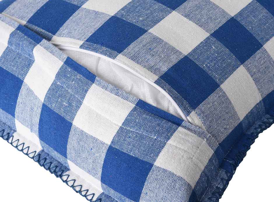 Lushomes Cotton Cushion Covers - Blue and White Checks | 24 x 24 inch | Blanket Stitch