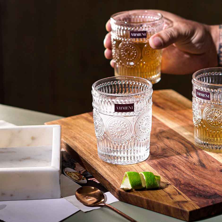 The Artment Modern Art Vintage Embossed Whisky, Juice, Water Glasses Set Of 4 (300 ml)