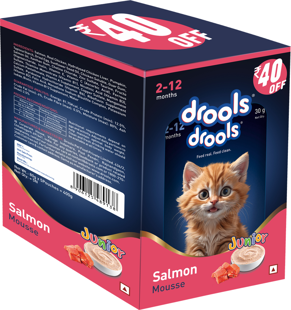 Drools Salmon Mousse Kitten Wet Cat Food, 80g (4+1 Pack Free)