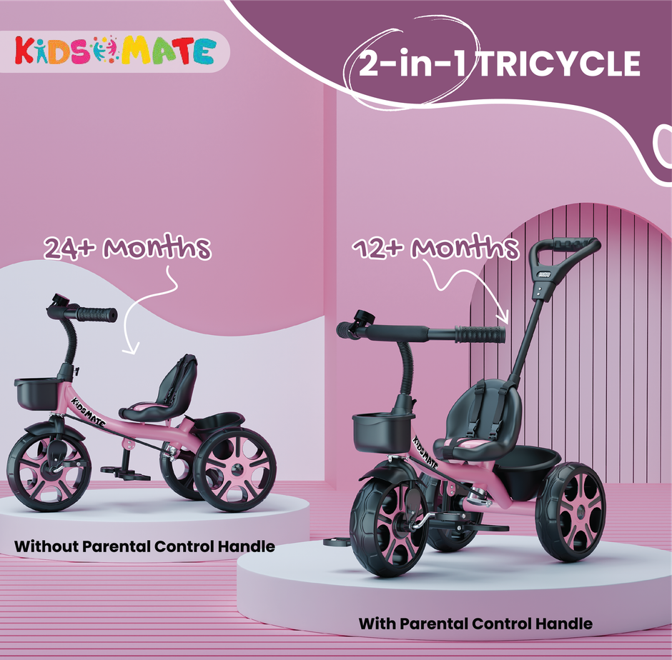 Kidsmate Junior Tricycle for Kids with Parental Control | Cycle for Kids 1-4 Years | Pink