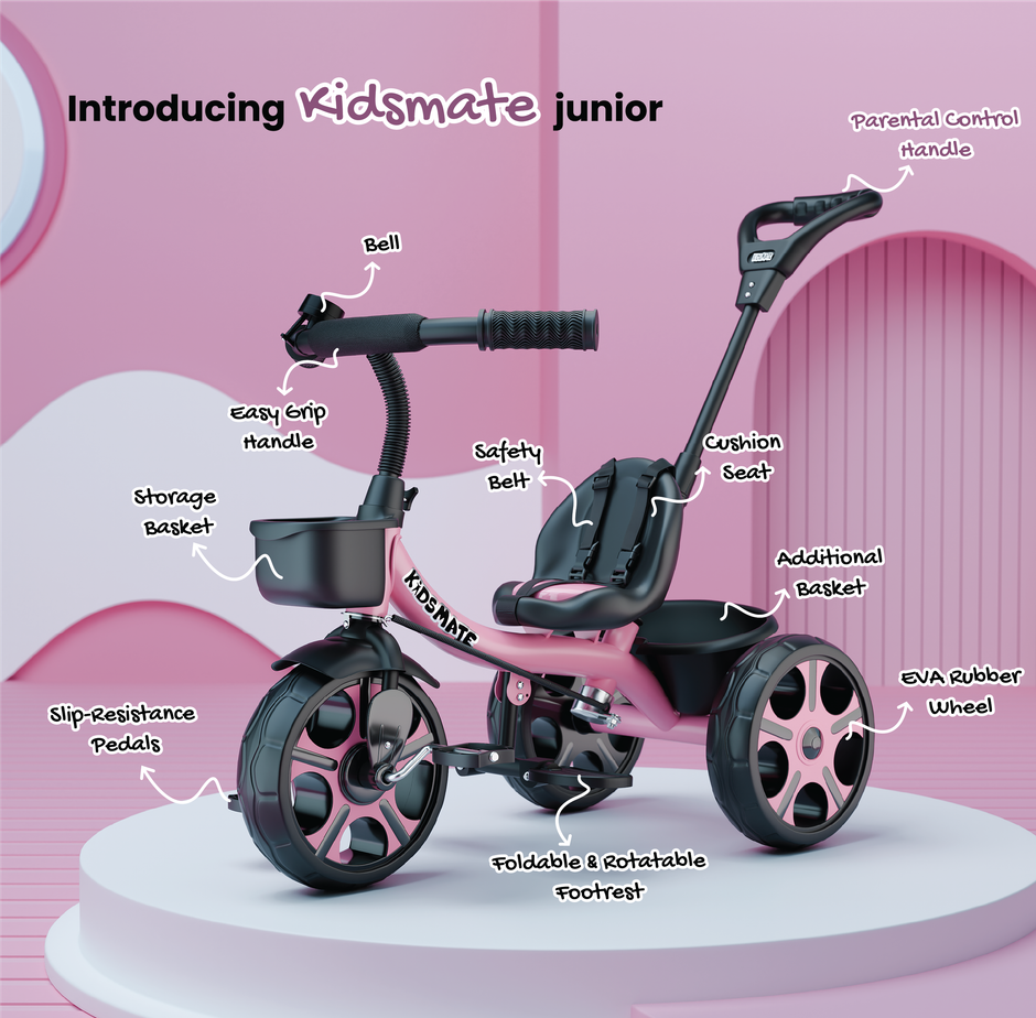Kidsmate Junior Tricycle for Kids with Parental Control | Cycle for Kids 1-4 Years | Pink