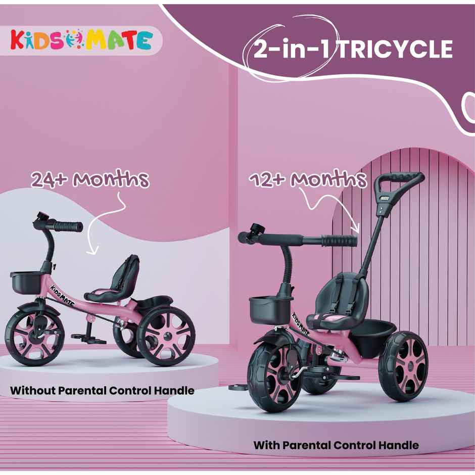 Kidsmate Junior Tricycle for Kids with Parental Control | Cycle for Kids 1-4 Years | Pink
