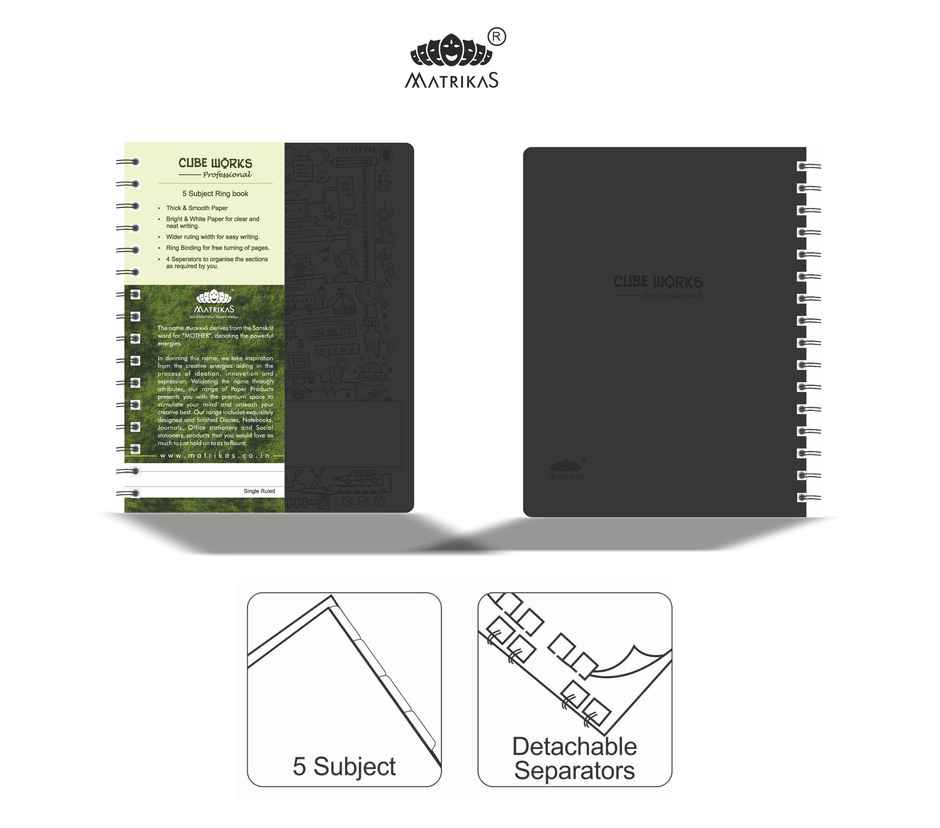 Matrikas Cubeworks Black PP 5 Subject Notebook|Ruled| Wire-O-Wire |B5 Size 300 Pages