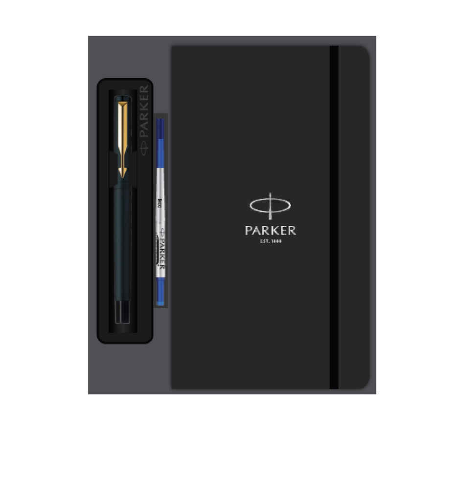 Parker Gift Set Vector Matte Black Gold Trim Roller Ball Pen With Parker Note Book