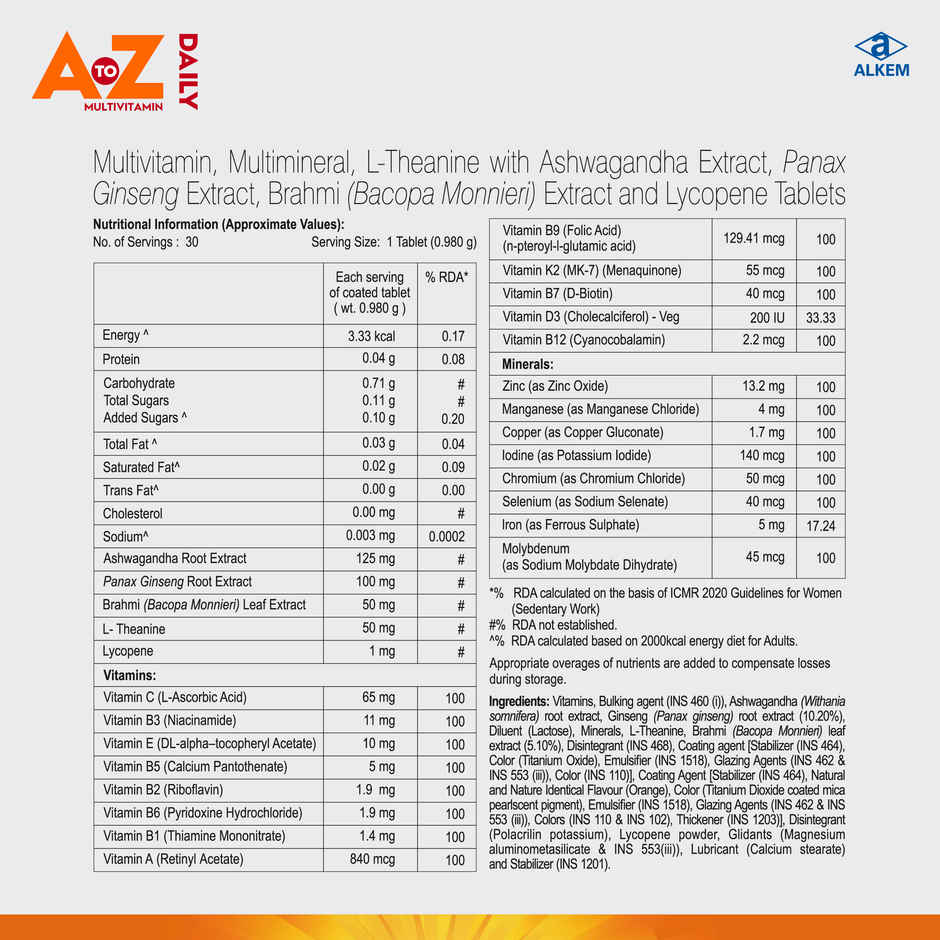 A to Z Daily Multivitamin with Brahmi, Ginseng & Ashwagandha for Energy, Stress and Immunity
