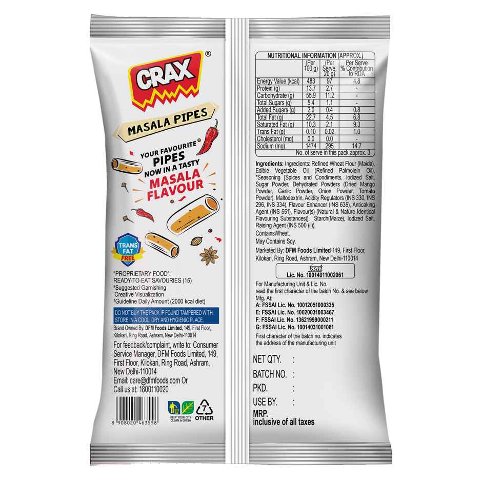 Crax Crunchy Pipes Masala Puff Snacks