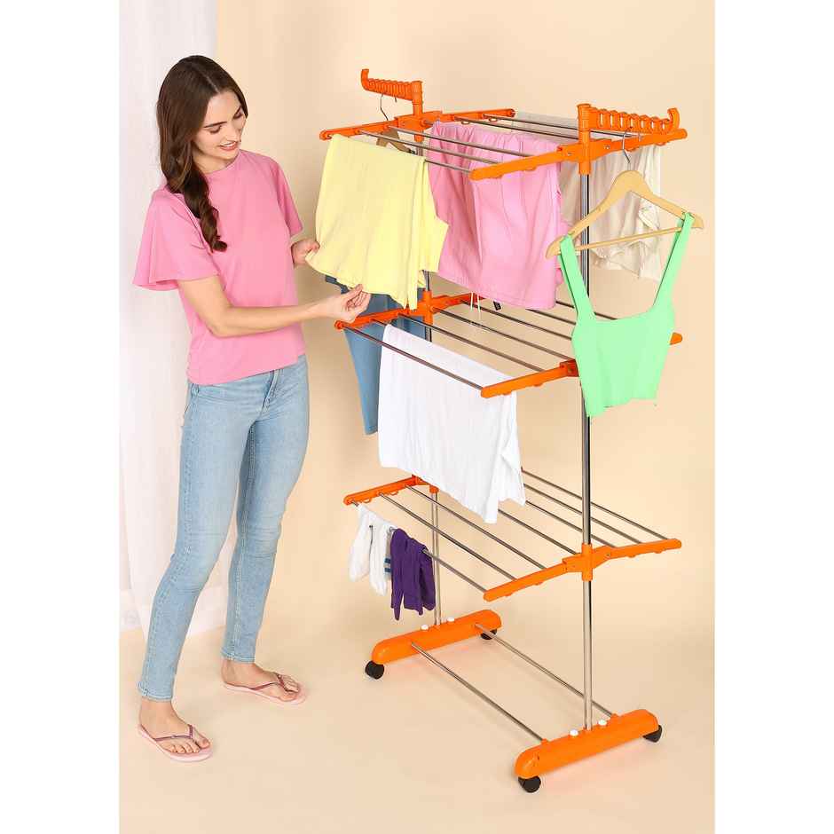 TNC Orange Single Poll 3 Tier Stainless Steel Cloth Dryer Stand
