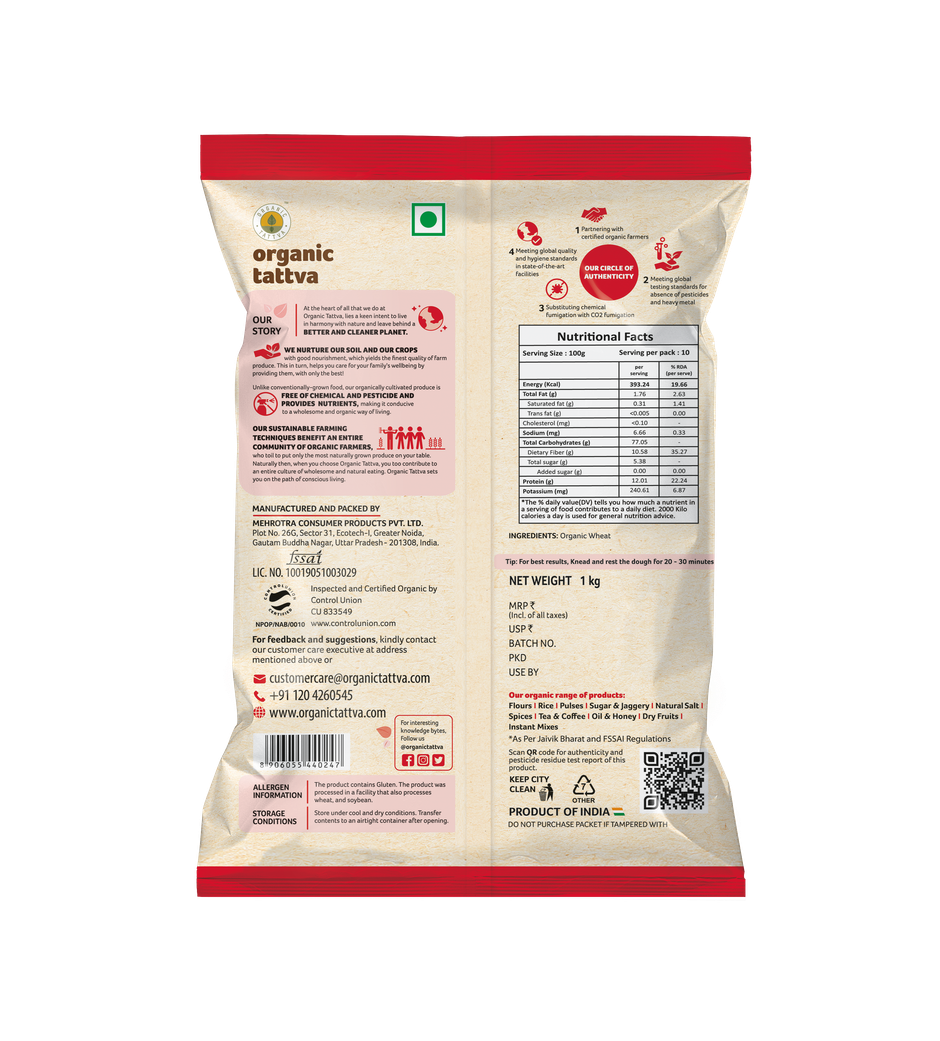 Organic Tattva Whole Wheat Flour | Chakki Atta | 0% Maida