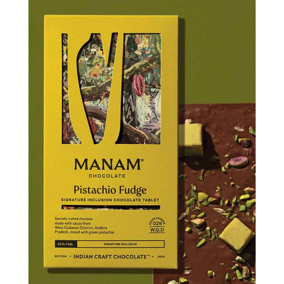 Manam Chocolate Pistachio Fudge Inclusion Tablet | 45% Milk