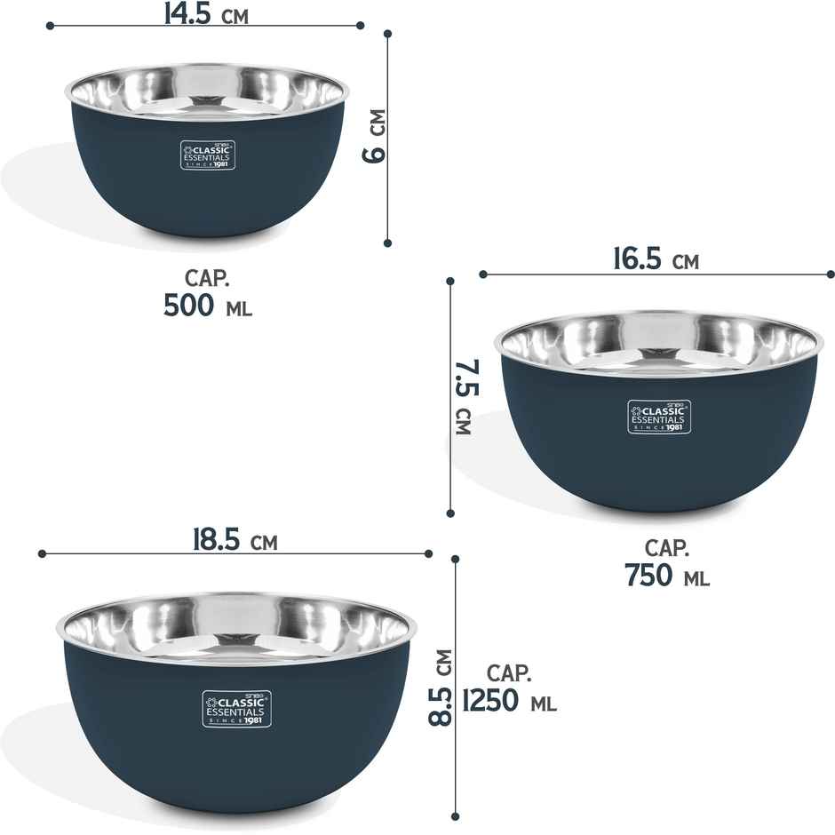 Classic Essentials Stainless Steel Microwave Safe Mixing Bowl Set of 3 Dark Blue