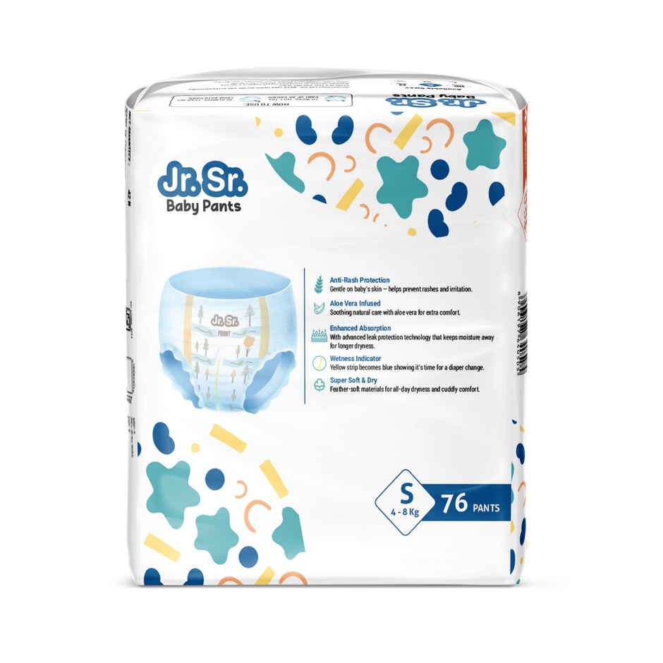 Jr. Sr. Baby Pant Style Diaper | S | 76 pcs | Upto 12 Hours Protection, Wetness Indicator