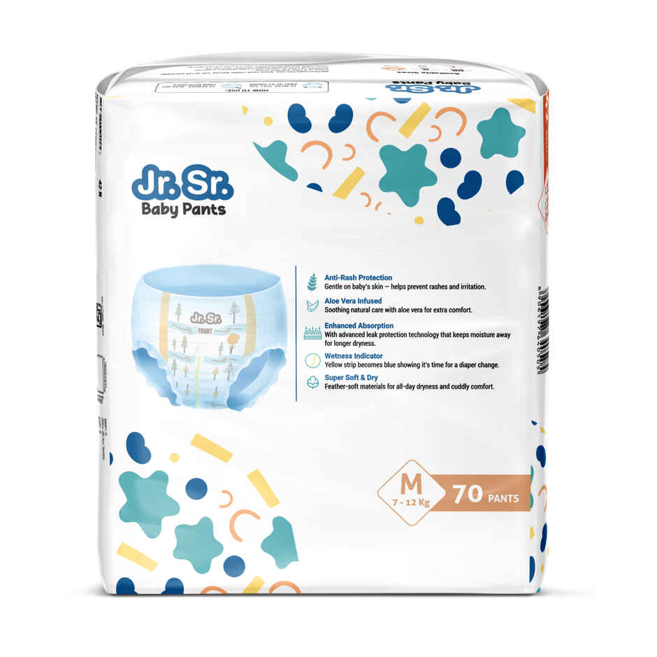 Jr. Sr. Baby Pant Style Diaper | M | 70 pcs | Upto 12 Hours Protection, Wetness Indicator