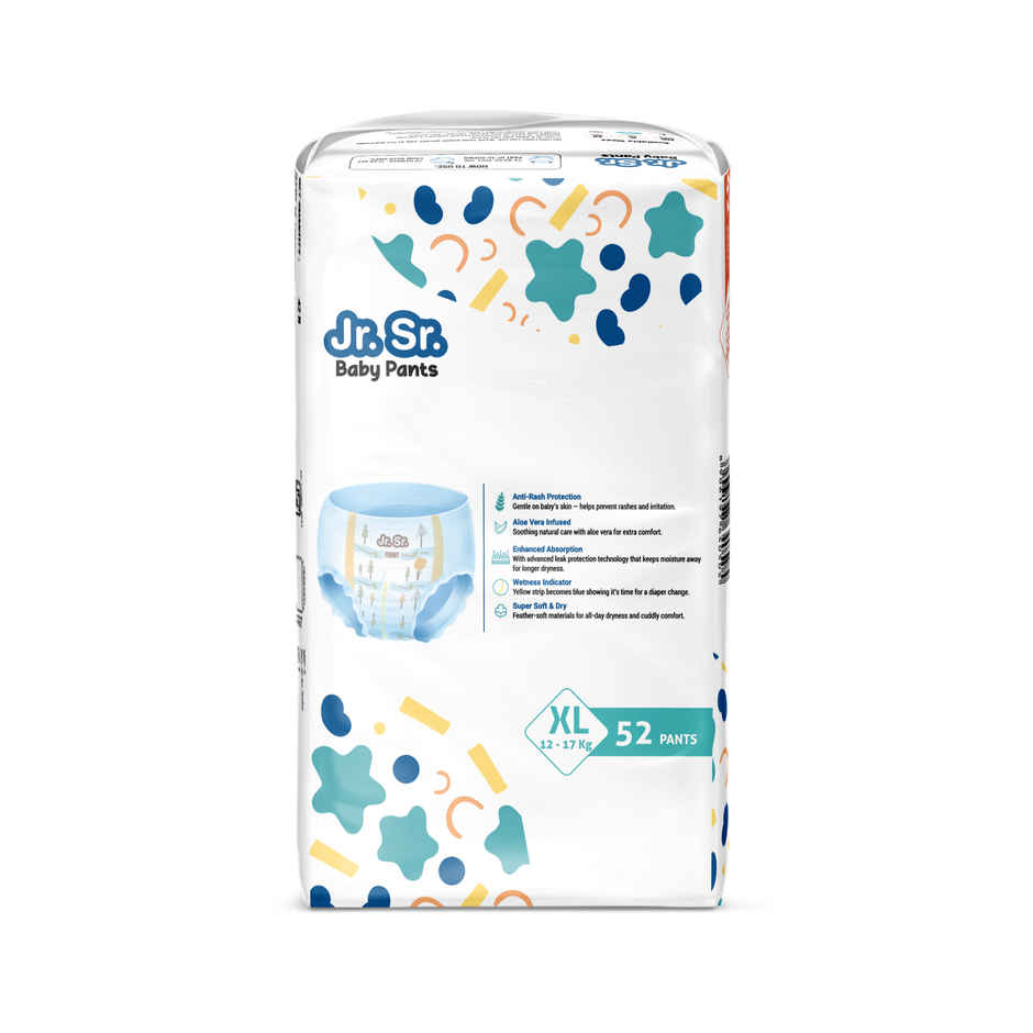 Jr. Sr. Baby Pant Style Diaper | XL | 52 pcs | Upto 12 Hours Protection, Wetness Indicator