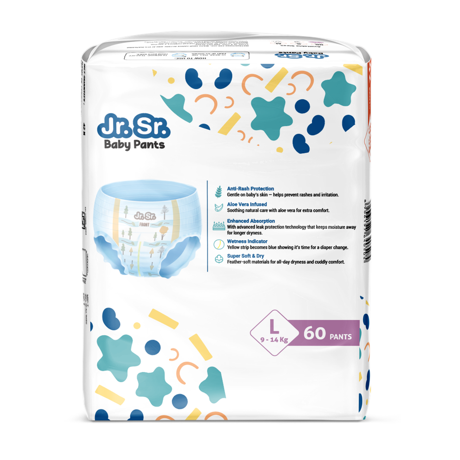 Jr. Sr. Baby Pant Style Diaper | L | 60 pcs | Upto 12 Hours Protection, Wetness Indicator