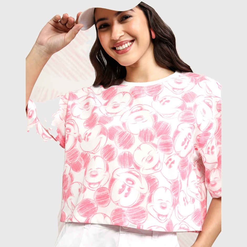 Tokyo Talkies Women's Disney Mickey Mouse Printed Boxy Crop T-shirt | Pink - M