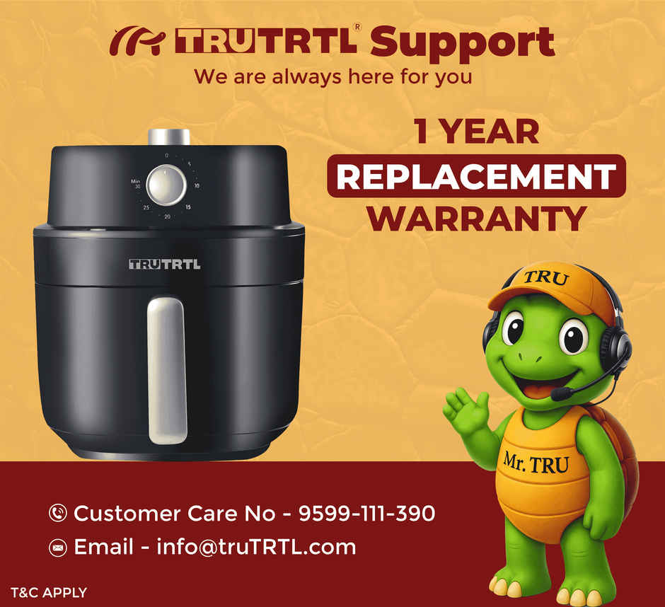 truTRTL Manual Air Fryer for Home | Actual 4.5 Liter | 1400 Watt | 1 Year Warranty | Uses 90% less Oil | Time & Temp Control Knobs | Glossy Black