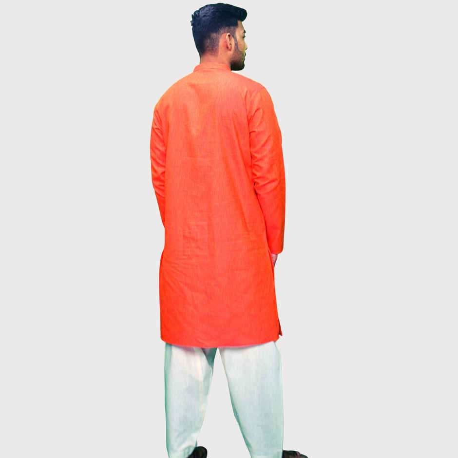 EQL Men's Cotton Linen Button Placket Long Kurta for Men | Red - L