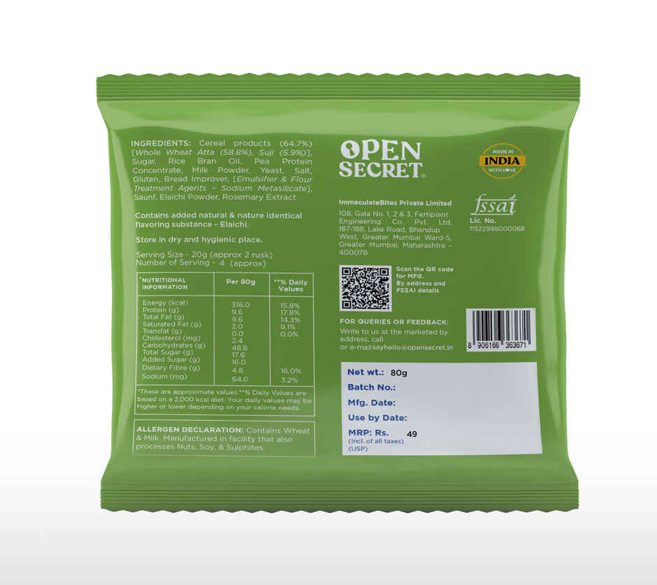 Open Secret High Protein Elaichi Rusk | No Palm Oil, No Maida, Zero Trans Fat