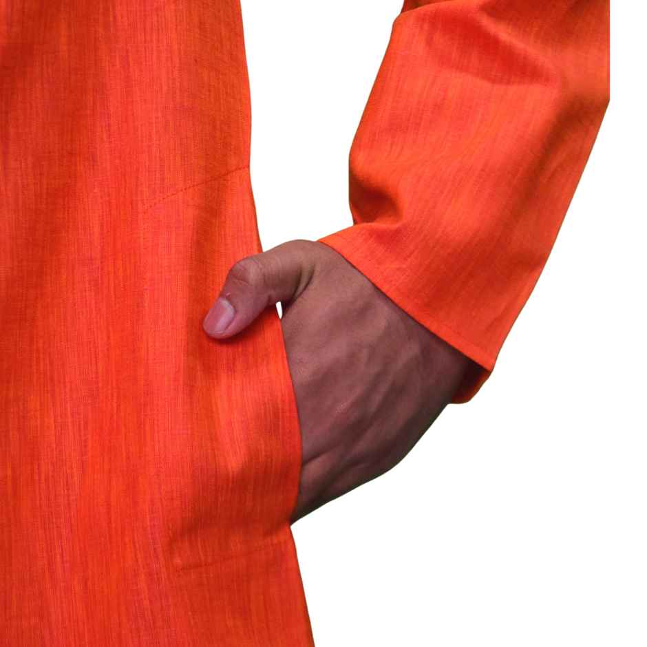 EQL Men's Cotton Linen Button Placket Long Kurta for Men | Red - L