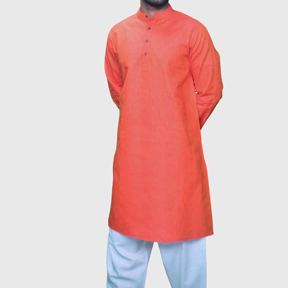 EQL Men's Cotton Linen Button Placket Long Kurta for Men | Red - L