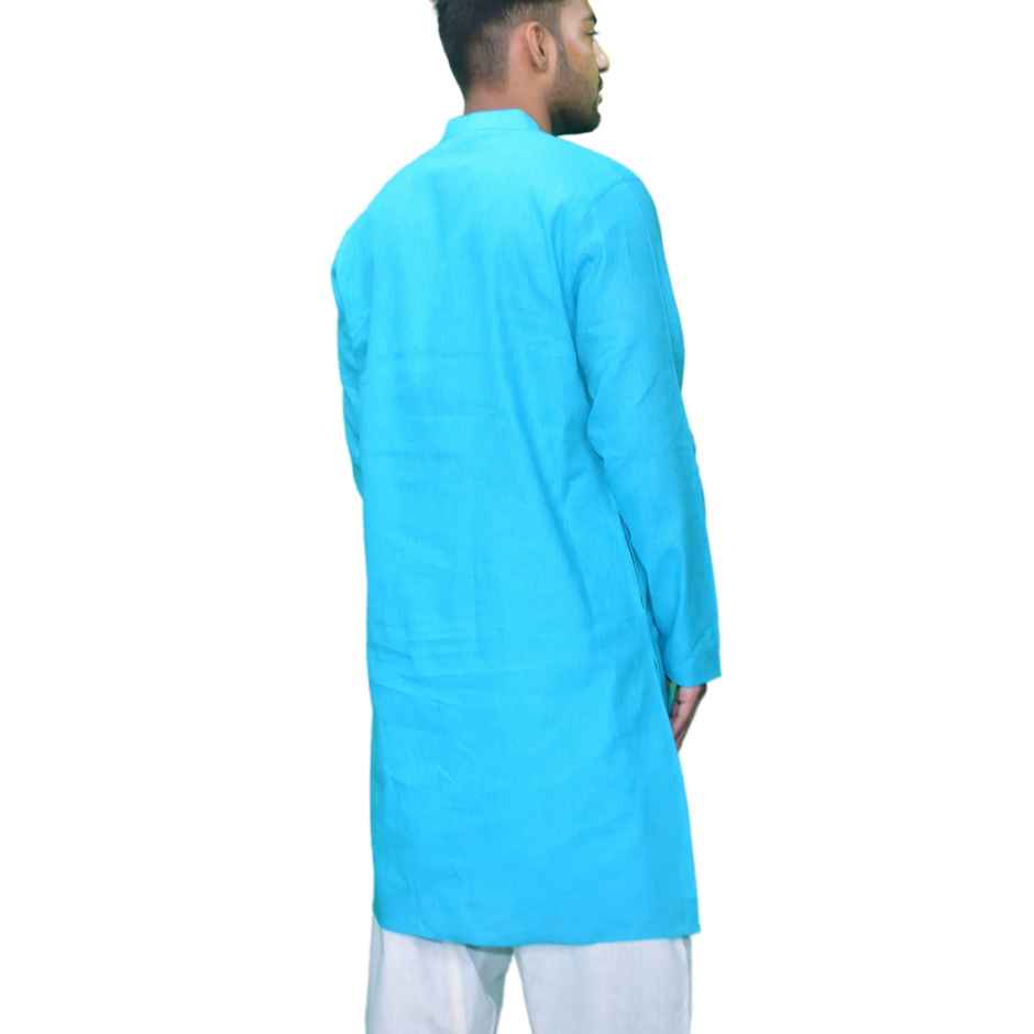 EQL Men's Cotton Linen Button Placket Long Kurta for Men | Turquoise Blue - XL