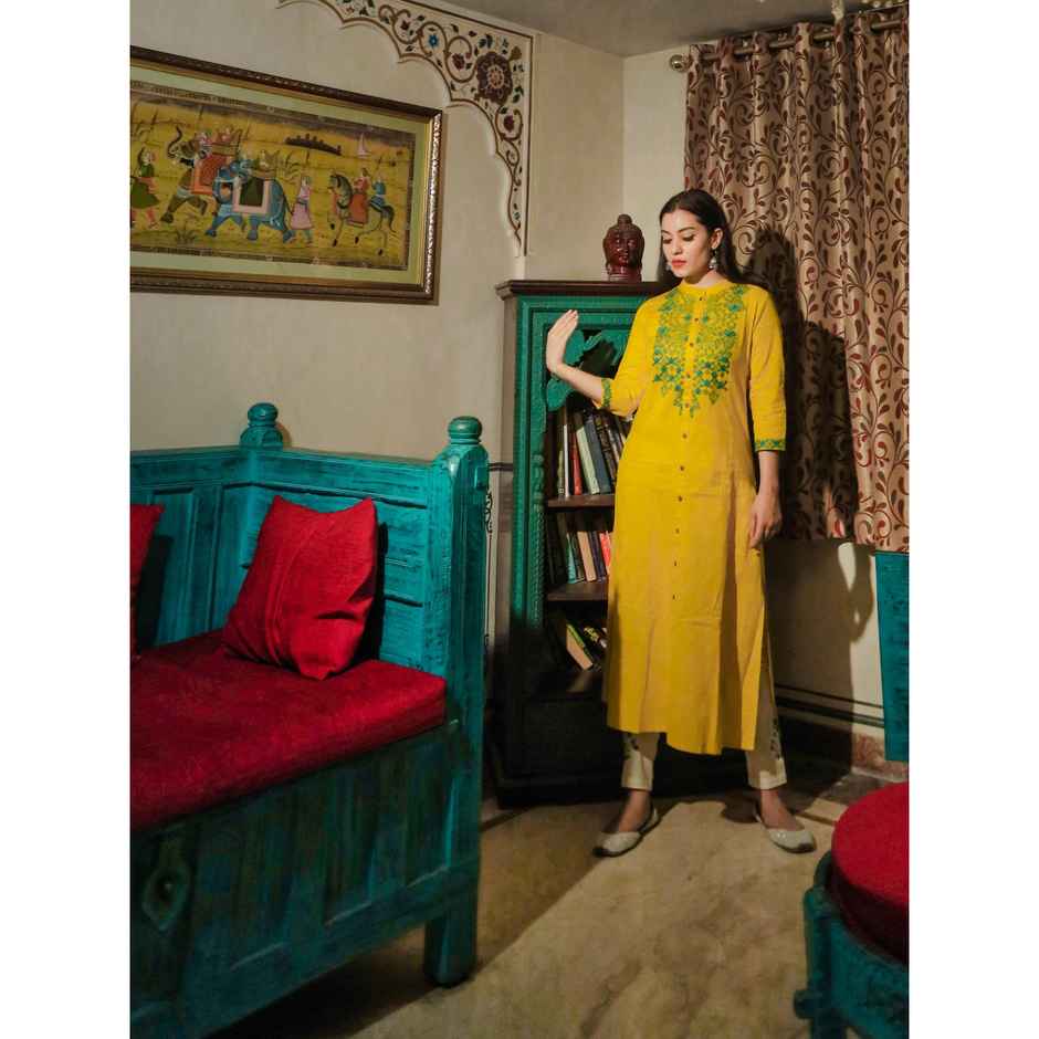 Divena Women s s Yellow Regular A-Line Calf Long Kurta | DBK0235 | L