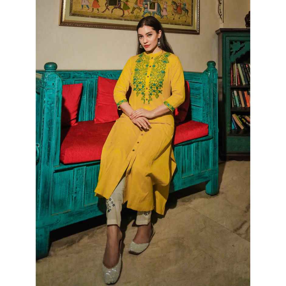 Divena Women s s Yellow Regular A-Line Calf Long Kurta | DBK0235 | M