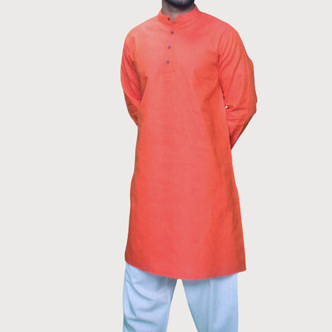 EQL Men's Cotton Linen Button Placket Long Kurta for Men | Red - L