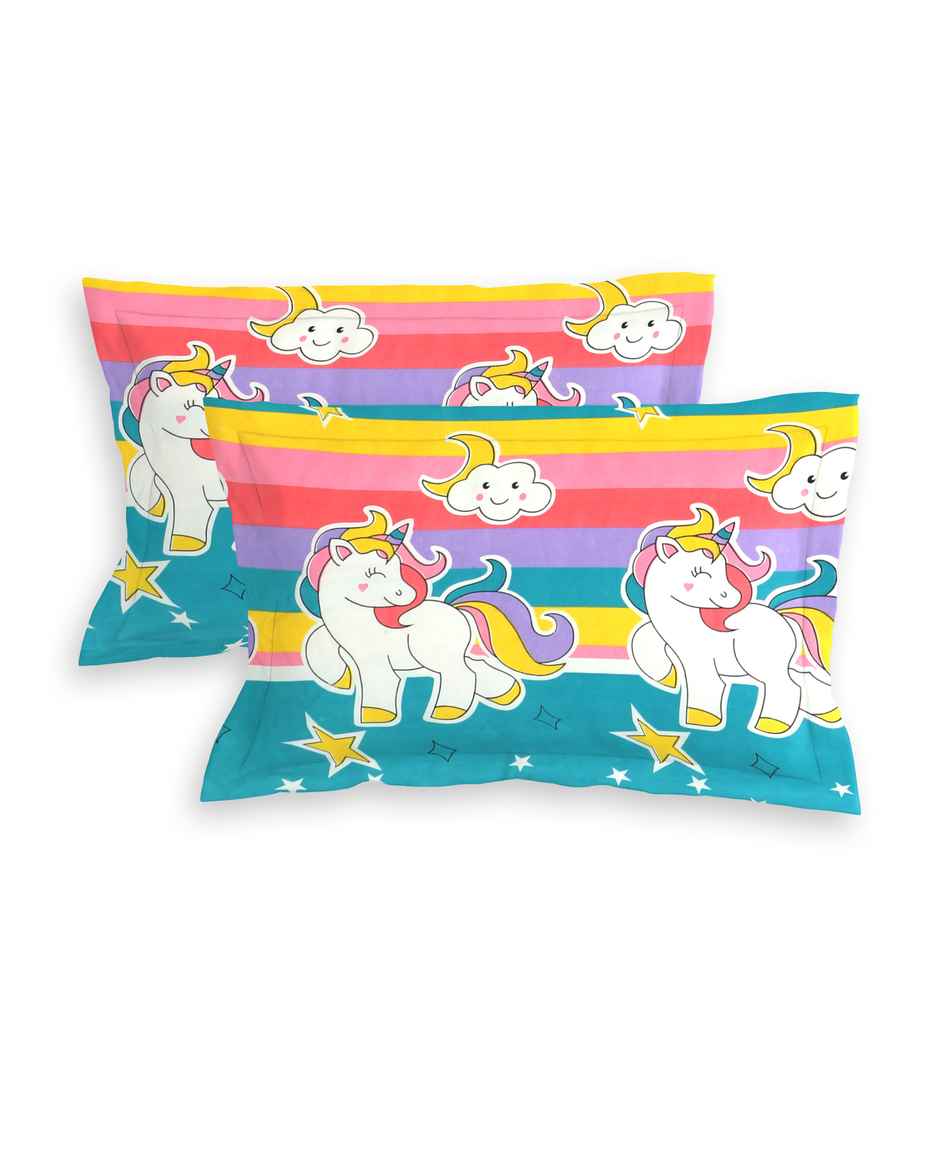 Homeharmony Unicorn Multi Color Designer Double Bed Bedsheet with 2 Pillow Covers (220x250 cm)