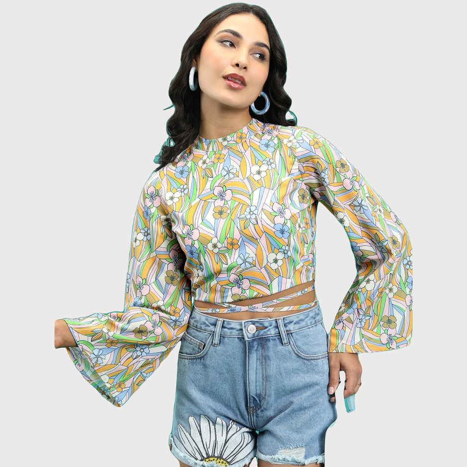 Tokyo Talkies Women's Floral Print Bell Sleeve Waist Tie Up Crop Top | Pink - S