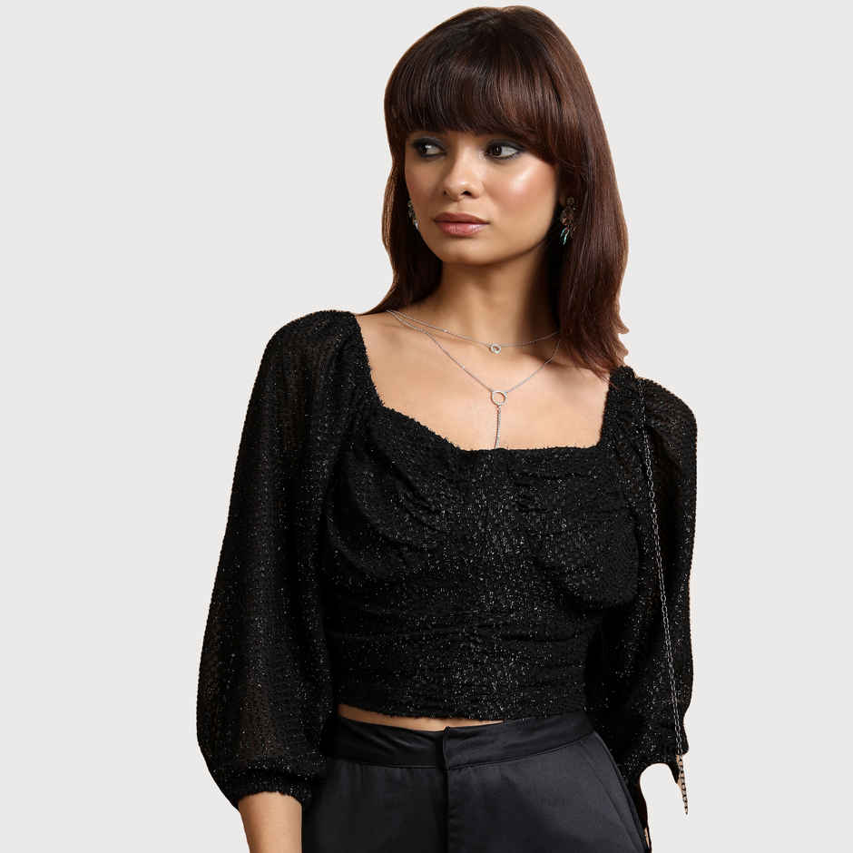 Tokyo Talkies Women's Sweetheart Neckline Ruched Puff Sleeves Crop Top | Black - S