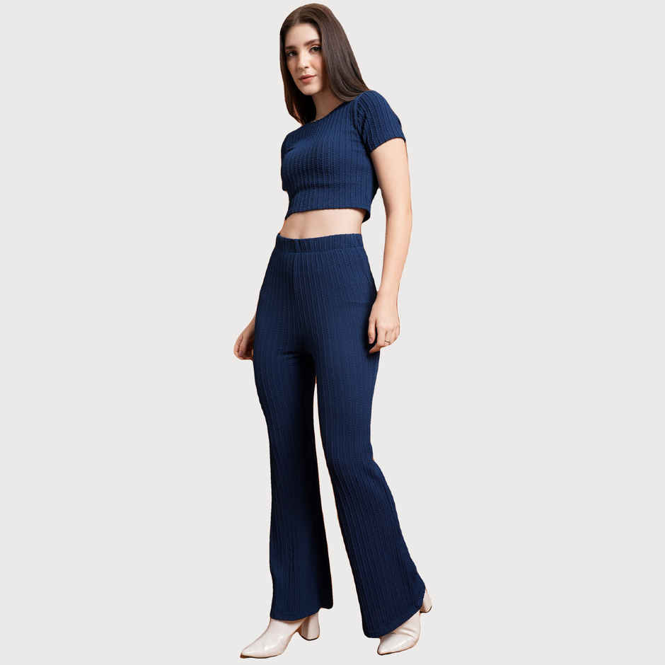 Tokyo Talkies Women's Round Neck Crop Top & Flared Trouser | Navy - M