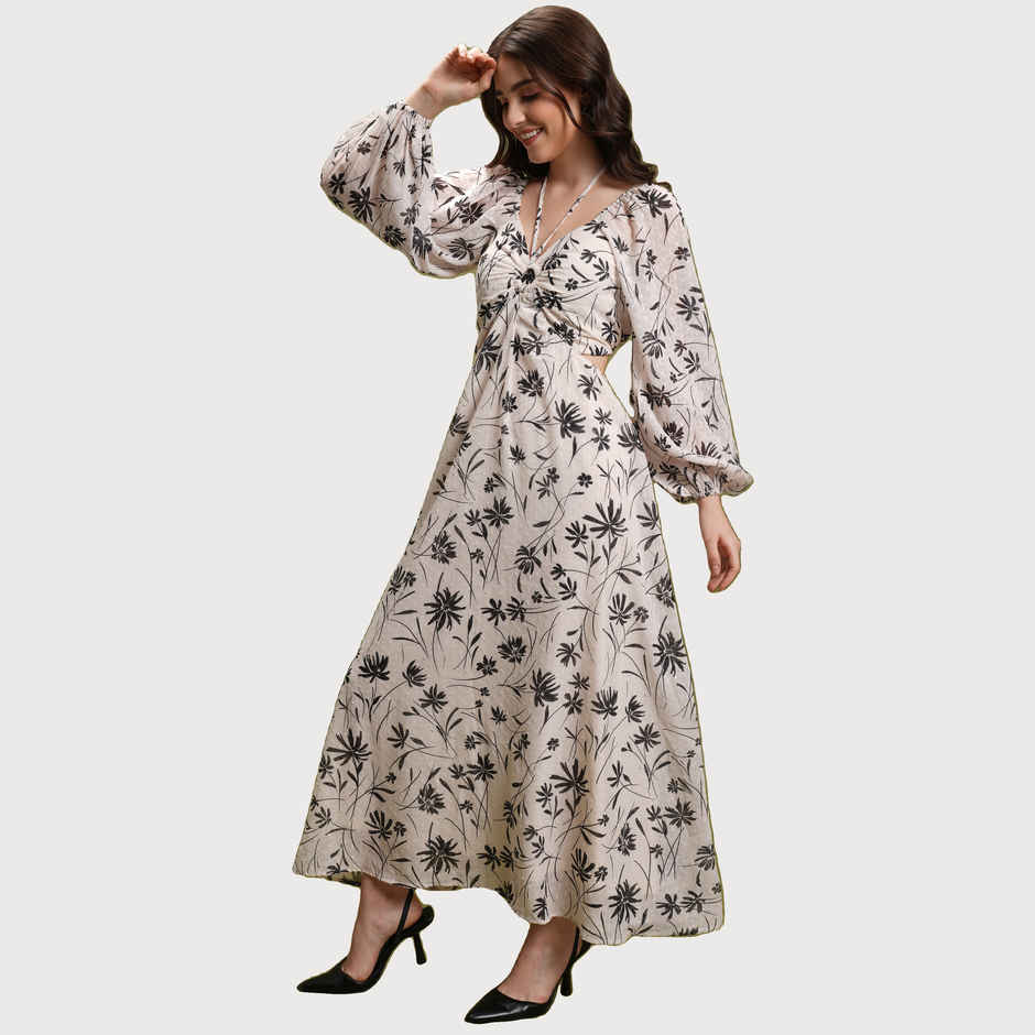 Tokyo Talkies Women's Floral Printed Tie Up Neck Puff Sleeve Cut Out Maxi Dress | Off White - XL