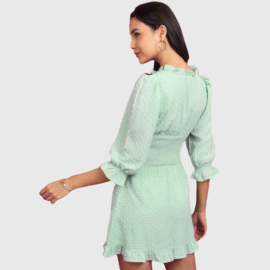 Tokyo Talkies Women's Self Design Smocked Puff Sleeves Fit and Flare Dress | Green - M