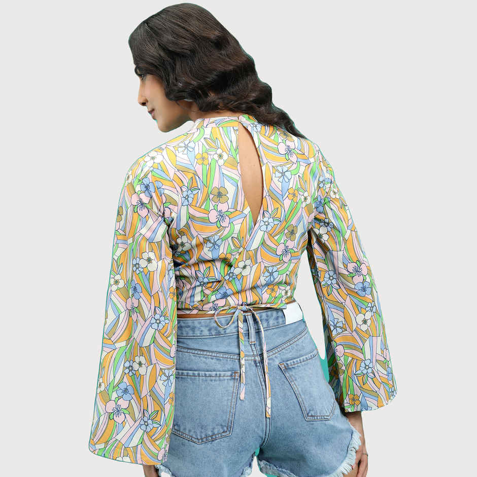 Tokyo Talkies Women's Floral Print Bell Sleeve Waist Tie Up Crop Top | Pink - S