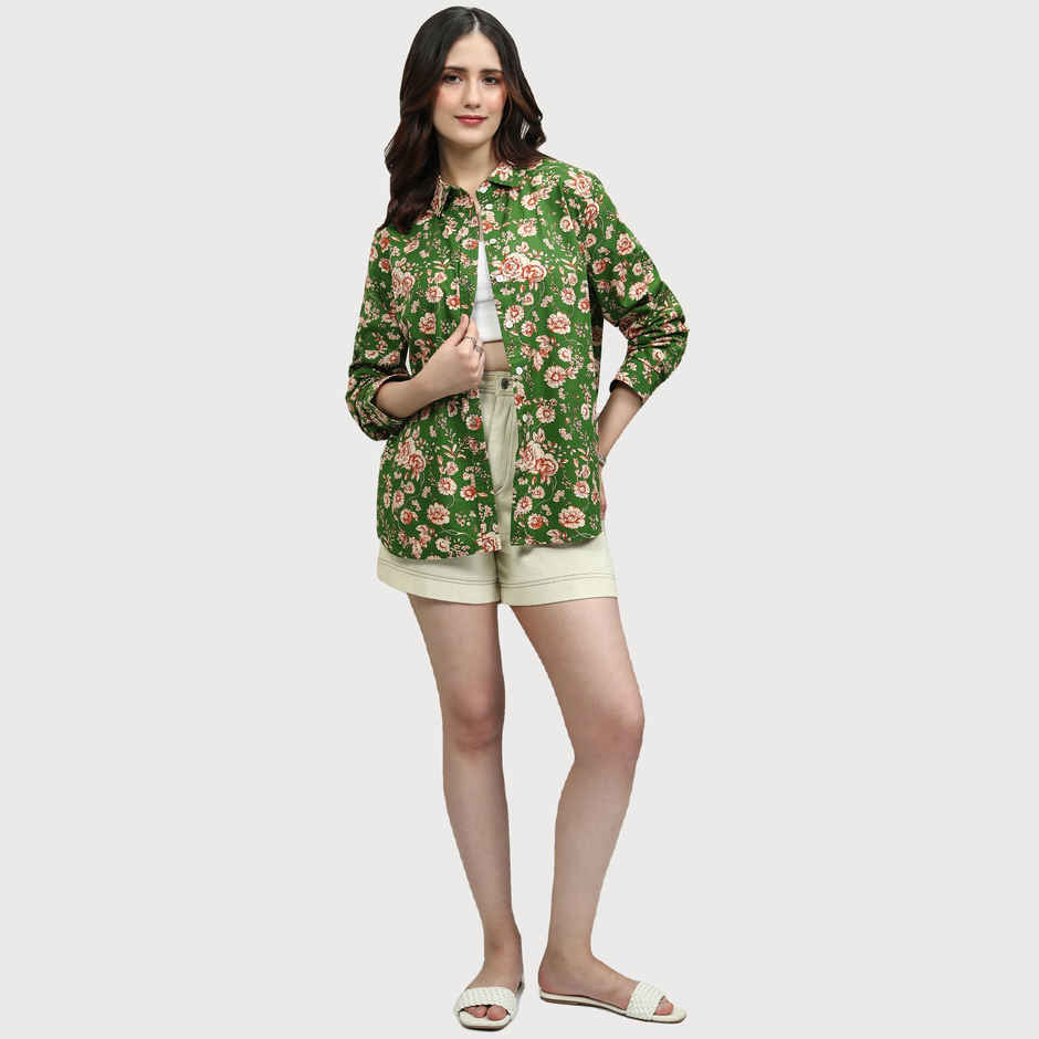 Tokyo Talkies Women's Floral Printed Button Down Shirt | Green - S