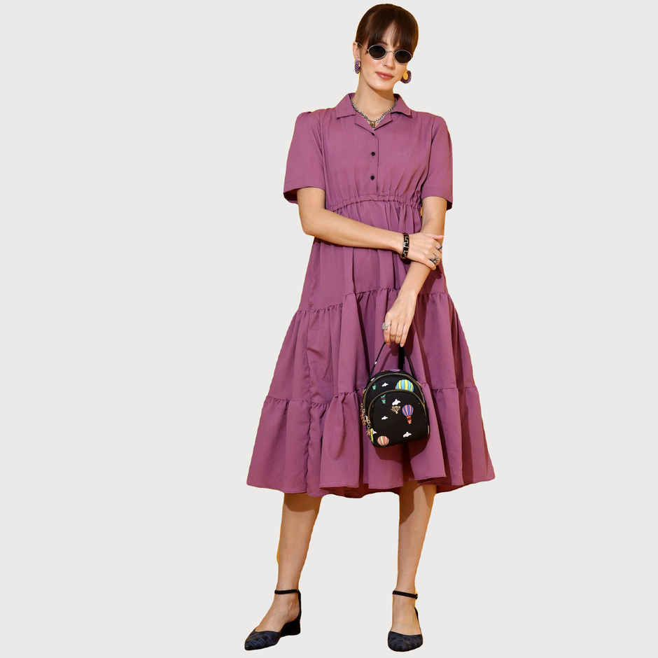 Sheetal Women's Purple Tiered Shirt Midi Dress | 11624 | Purple - S