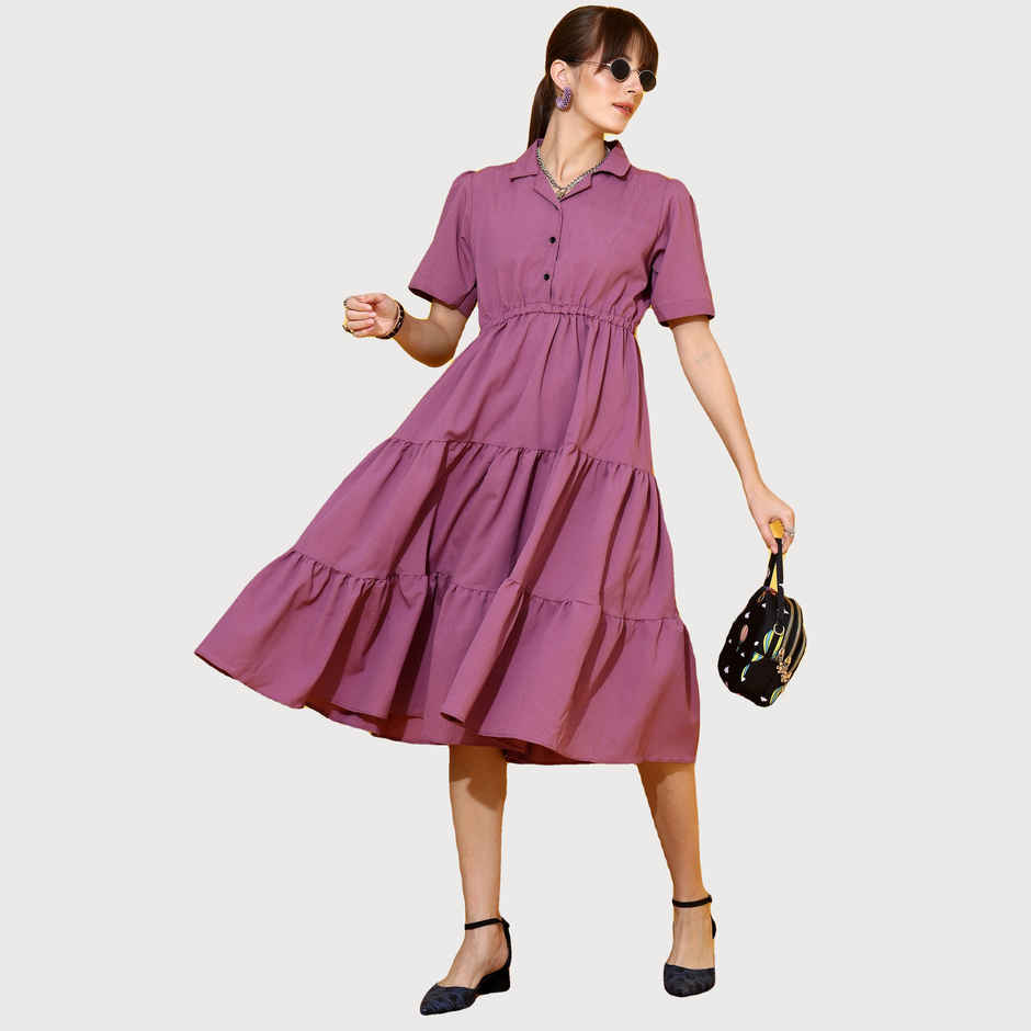 Sheetal Women's Purple Tiered Shirt Midi Dress | 11624 | Purple - S
