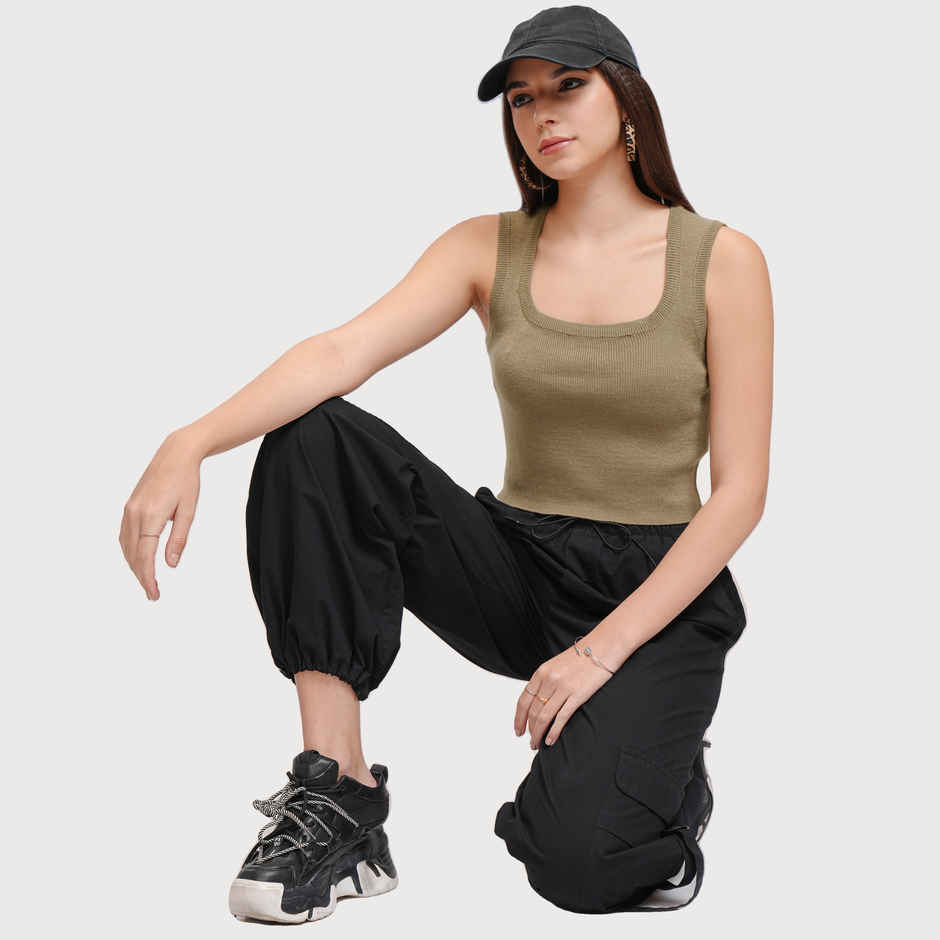 Tokyo Talkies Women's Dried Herb Square Neck Crop Tank Sweater | Beige - XL