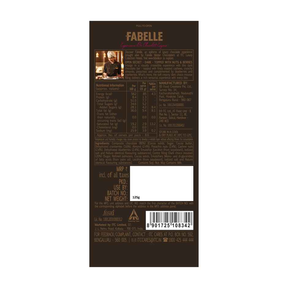 Fabelle Open Secret Dark Chocolate Handcrafted Bar With Exotic Nuts & Berries Handcrafted Bar