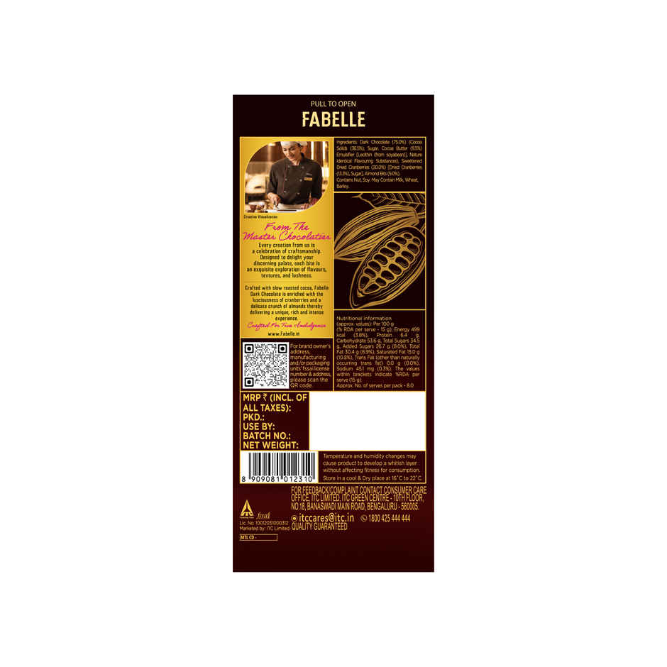 Fabelle Cranberry Noir Dark Chocolate | 64% Intense Rich Cocoa | Luscious Cranberry