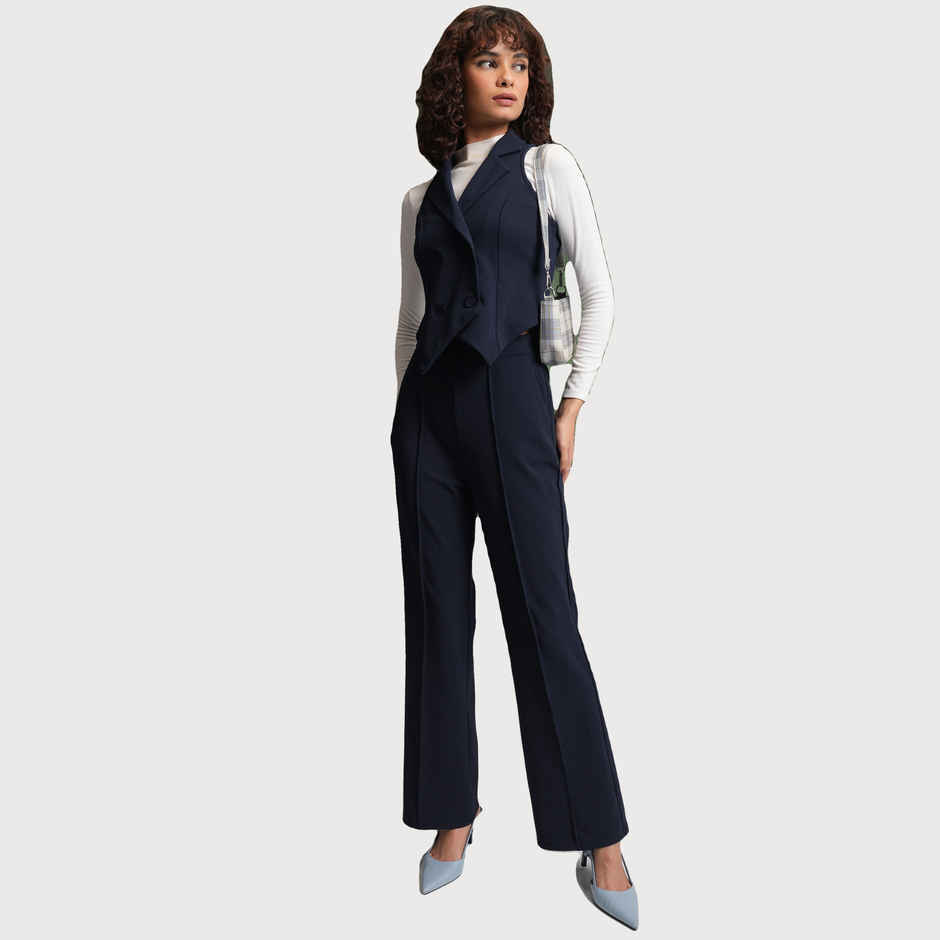 Tokyo Talkies Women's Notched Lapel-Collar Waistcoat With Trousers | Blue - L